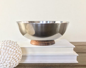 Mid-Century Stainless Steel Walnut Wood Footed Bowl, Vintage 1950s MCM 8" Serving Bowl