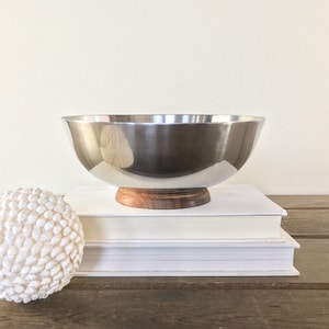 Mid-Century Stainless Steel Walnut Wood Footed Bowl, Vintage 1950s MCM 8 Serving Bowl image 1