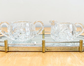 Vintage Crystal Hobstar Creamer and Sugar Bowl Set, American Brilliant Cut Glass
