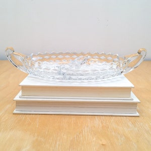 Divided Glass Serving Dish with Handles, Vintage Diamond Cut Heavy Glass Appetizer Platter with Sawtooth Edge image 2