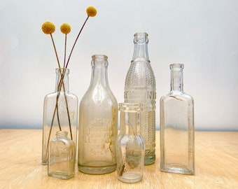 Antique Clear Glass Bottle Collection, Set of 6, 19th Century 1800s Apothecary Jars Found in Wisconsin, Nehi Soda & Reedsburg Bottling Works