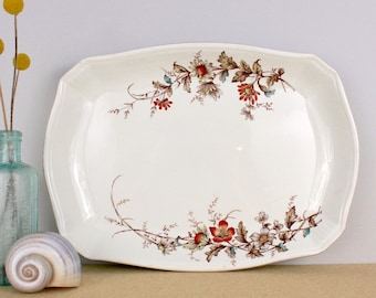 Antique Ridgways Royal England Semi Porcelain Serving Tray, Buckingham Brown Red Floral Transferware, 19th Century Ironstone Platter