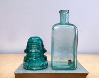 Antique Aqua Glass Bottles Found in Oshkosh Wisconsin, Turquoise 19th Century 1800s Dr Manse’s Bitters Apothecary Jar, Petticoat Insulator