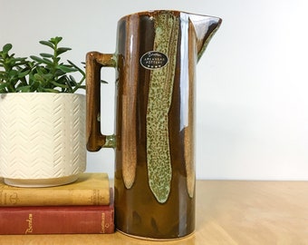 Dryden Arkansas 1980s Art Pottery, Large 11.5" Tall Ceramic Pitcher with Brown / Green Drip Glaze, Vintage Boho Decor