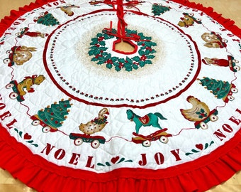 Vintage 1970s Christmas Tree Skirt, Red White Green "Joy" "Noel" Quilted Skirt w/ Ruffle, Retro Farmhouse Holiday Decor