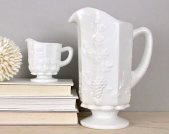 Set of 2 Westmoreland Milk Glass Pitchers, Iced Tea Beverage Pitcher and Mini Creamer, Paneled Grape Pattern