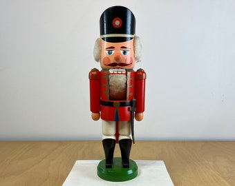 14" Soldier Nutcracker, Vintage Red and Gold Hand Painted Wood Figurine, Traditional Holiday Christmas Decor