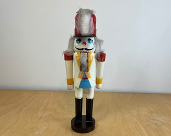 15" Soldier Nutcracker, Vintage Hand Painted Wood Figurines with White, Red and Yellow Accents, Traditional Holiday Christmas Decor