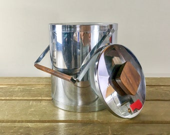 KROMEX 10" Chrome Ice Bucket with Teak Wood Handles, Vintage Midcentury Modern MCM Barware