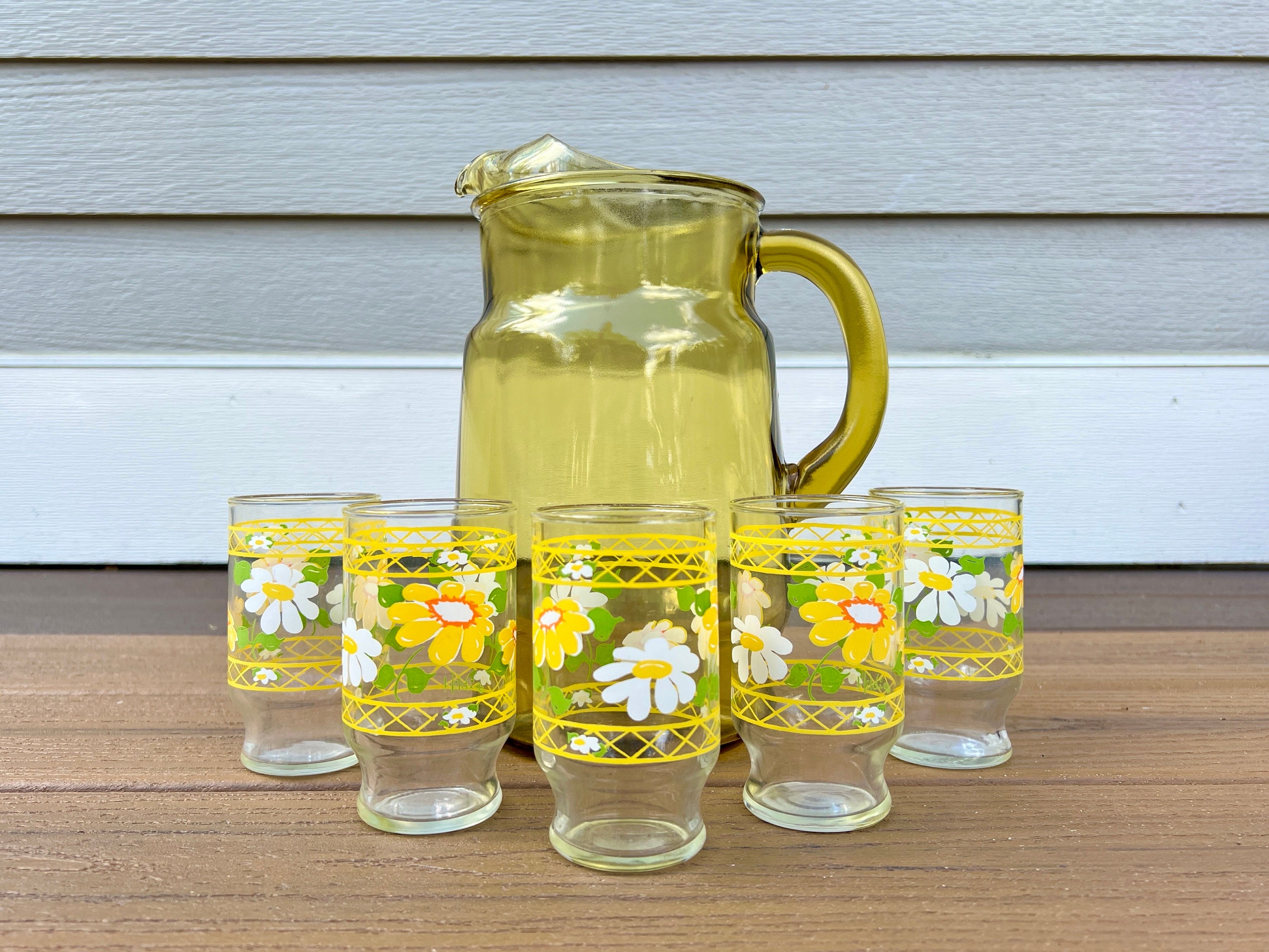 1970s Anchor Hocking Daisy Beverage Set - Yellow Glass Pitcher
