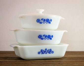 Fire King Baking Dishes Multi Avail, 1 Quart Loaf Pan, 1.5 Qt Oval Casserole, 1 Qt Round Dish with Lid, Anchor Hocking Blue Daisy Cornflower