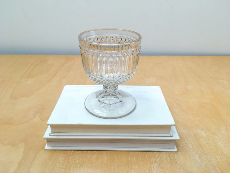 Vintage 5.5 Ribbed Compote, Clear Pressed Glass Footed Pedestal Bowl Apothecary Candy Dish image 3