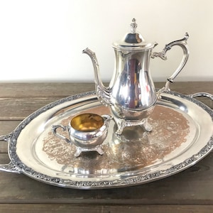 WM Rogers & Son Victorian Rose Silver Tea Service Set, Large 24&quot; Silverplate Embossed Tray, Teapot, Creamer