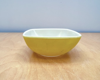 PYREX 4.5" Square Matte Yellow Enamel Coupe Bowl, Vintage Ceramic Ring Trinket Dish