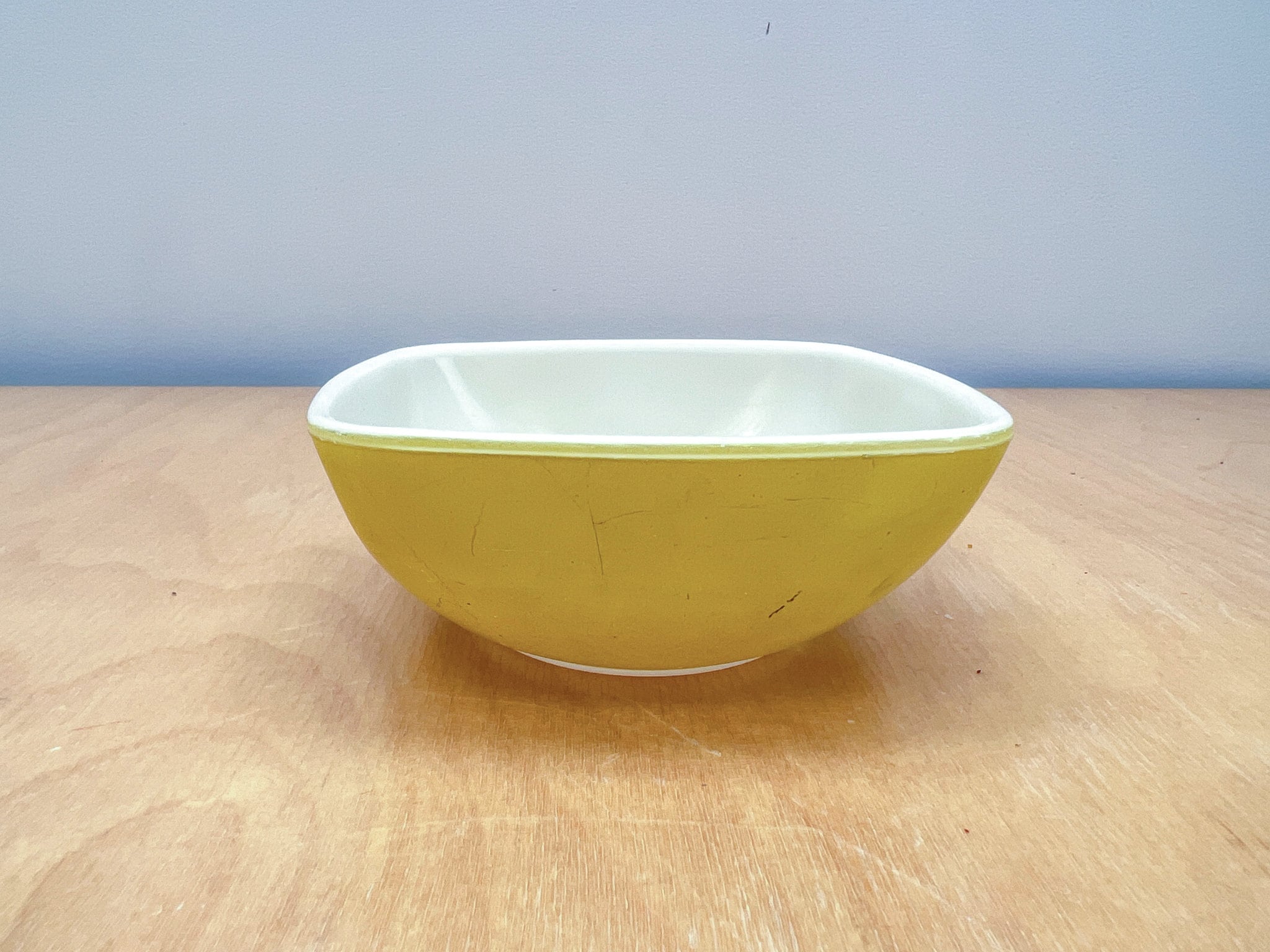 PYREX 4.5" Square Matte Yellow Enamel Coupe Bowl, Vintage Ceramic Ring Trinket Dish