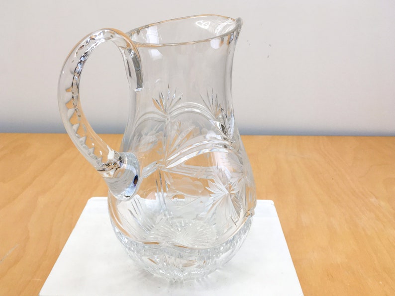 Brilliant Etched Floral Cut Glass Serving Pitcher, Large Vintage Clear Glass Decanter for Water Ice Tea Juice, Art Nouveau Decor image 4