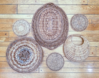 Wall Basket Collection! Woven VINTAGE Wicker Baskets Trays & Planter, Set of 6, Neutral Natural Boho Wall Decor