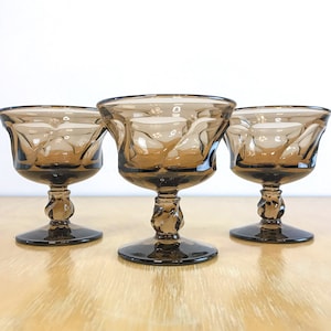 Brown Smoke Swirl Glass Footed Coupe Glasses, Set of 3 Heavy Vintage 1980s Cocktail Water Goblet Compotes