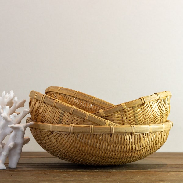 Vintage Hand Woven Wicker Winnowing Bowls, Set of 4 Nesting Storage Baskets with Bamboo Rims