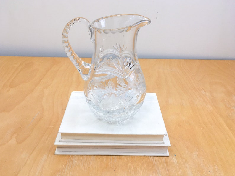 Brilliant Etched Floral Cut Glass Serving Pitcher, Large Vintage Clear Glass Decanter for Water Ice Tea Juice, Art Nouveau Decor image 2