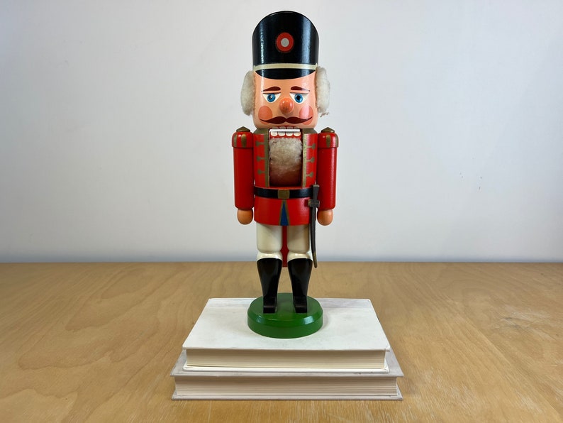 14 Soldier Nutcracker, Vintage Red and Gold Hand Painted Wood Figurine, Traditional Holiday Christmas Decor image 1