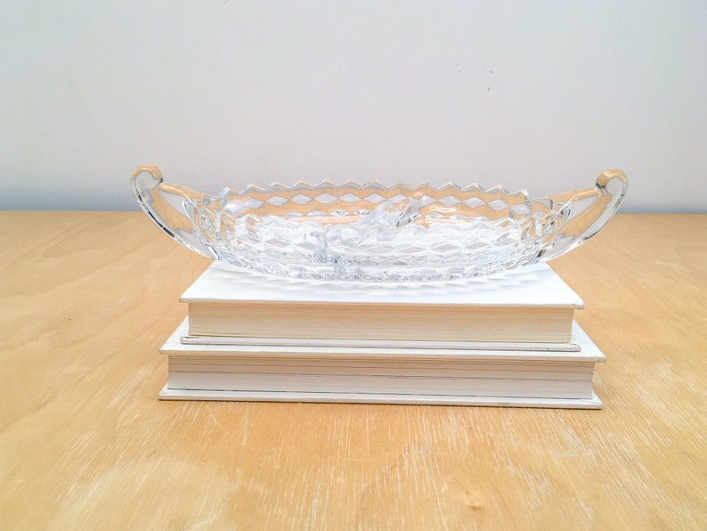 Divided Glass Serving Dish with Handles, Vintage Diamond Cut Heavy Glass Appetizer Platter with Sawtooth Edge image 2