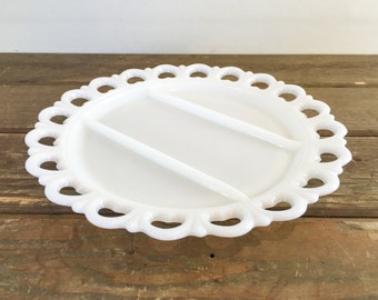 Vintage Milk Glass Serving Platter, Lace Edge Divided Dish, Shabby Chic Decor