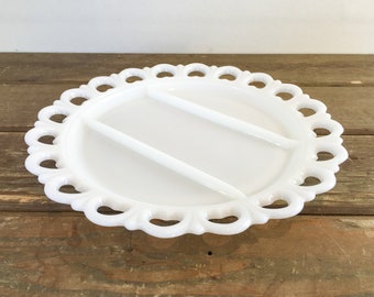 13" Milk Glass Scalloped Lace Edge Serving Platter, Round 3-Part Divided Serving Dish Appetizer Dessert Tray, Vintage Shabby Chic Decor