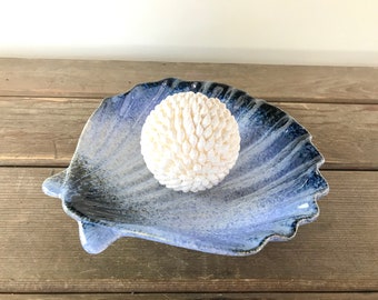 Vintage Ceramic Shell Dish, Blue Ombré Splatter Glaze 10" Decorative Platter, Nautical Coastal Decor