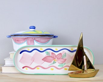 Vintage Wamsutta Italian Bakeware, Ceramic Dutch Oven Casserole & Serving Tray, 1980s Pastel Pink Yellow Blue