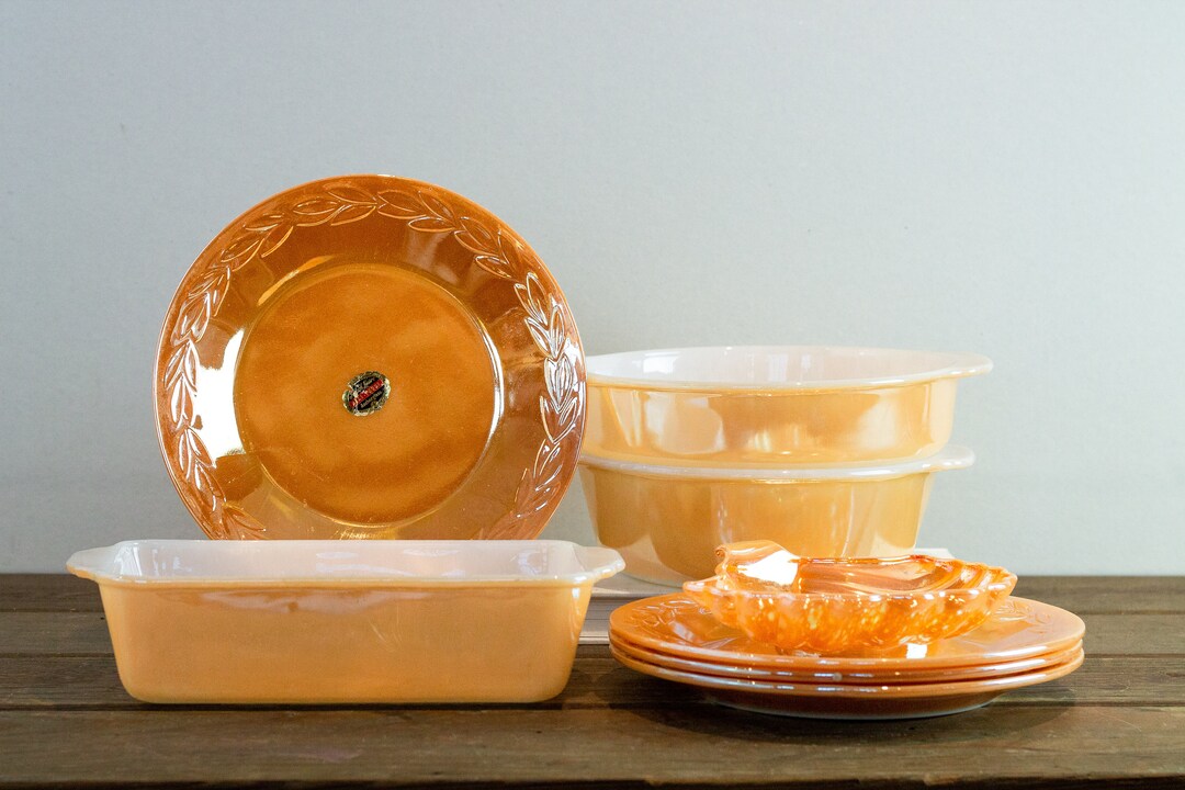 Fire King Peach Lustre Bakeware Collection, 1 Qt Loaf Pan, 1.5 Qt Round