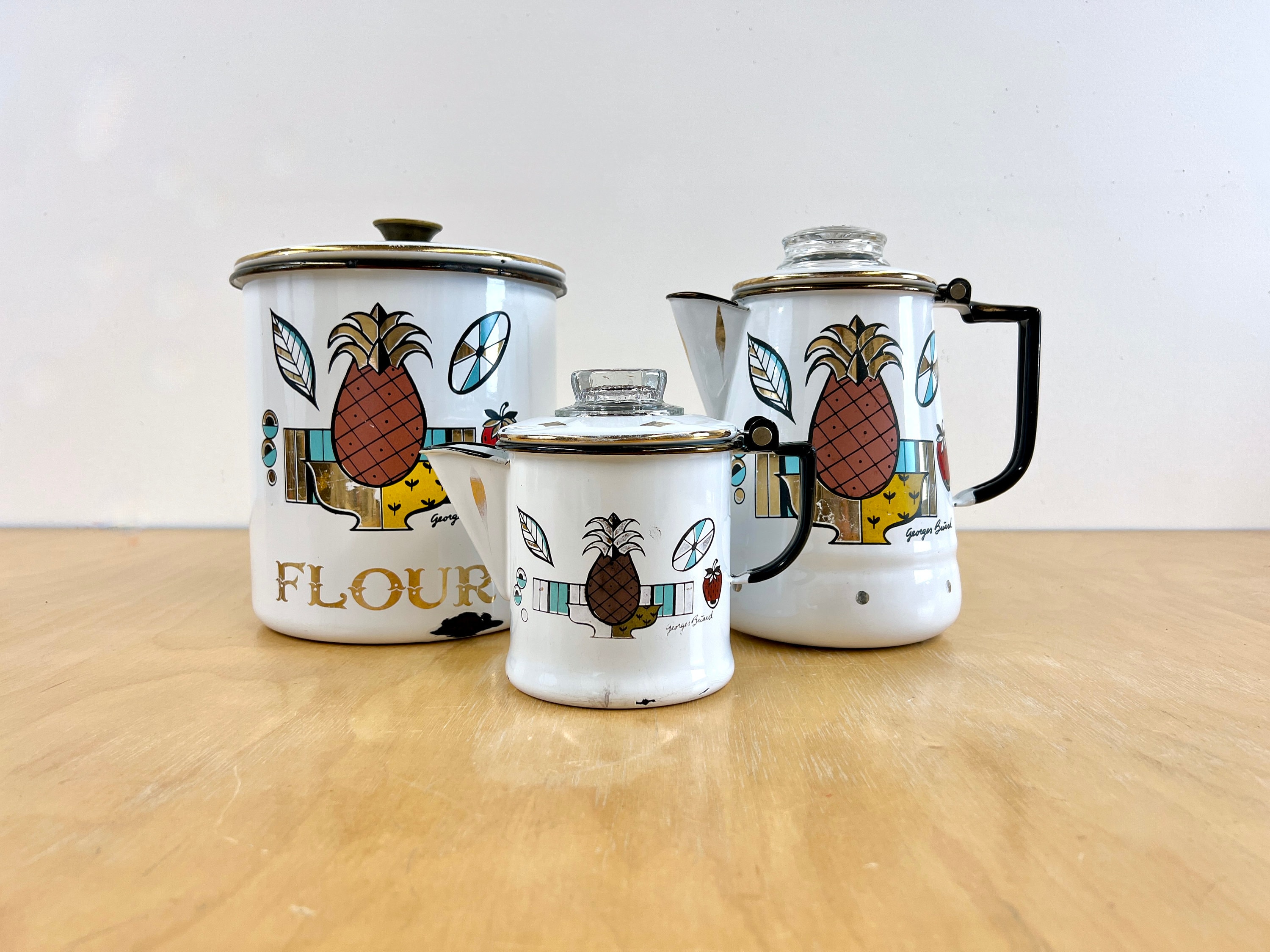 Vintage Georges Briard 'Ambrosia' Enamelware Coffee Serving Set, MCM Stovetop Percolator Pots + Flour Canister, Midcentury Kitchen Decor