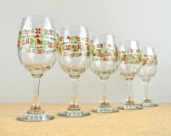 Retro "Merry Christmas" Wine Glasses, Set of 5 Stemmed Glasses with Red Green Yellow Holiday Pattern