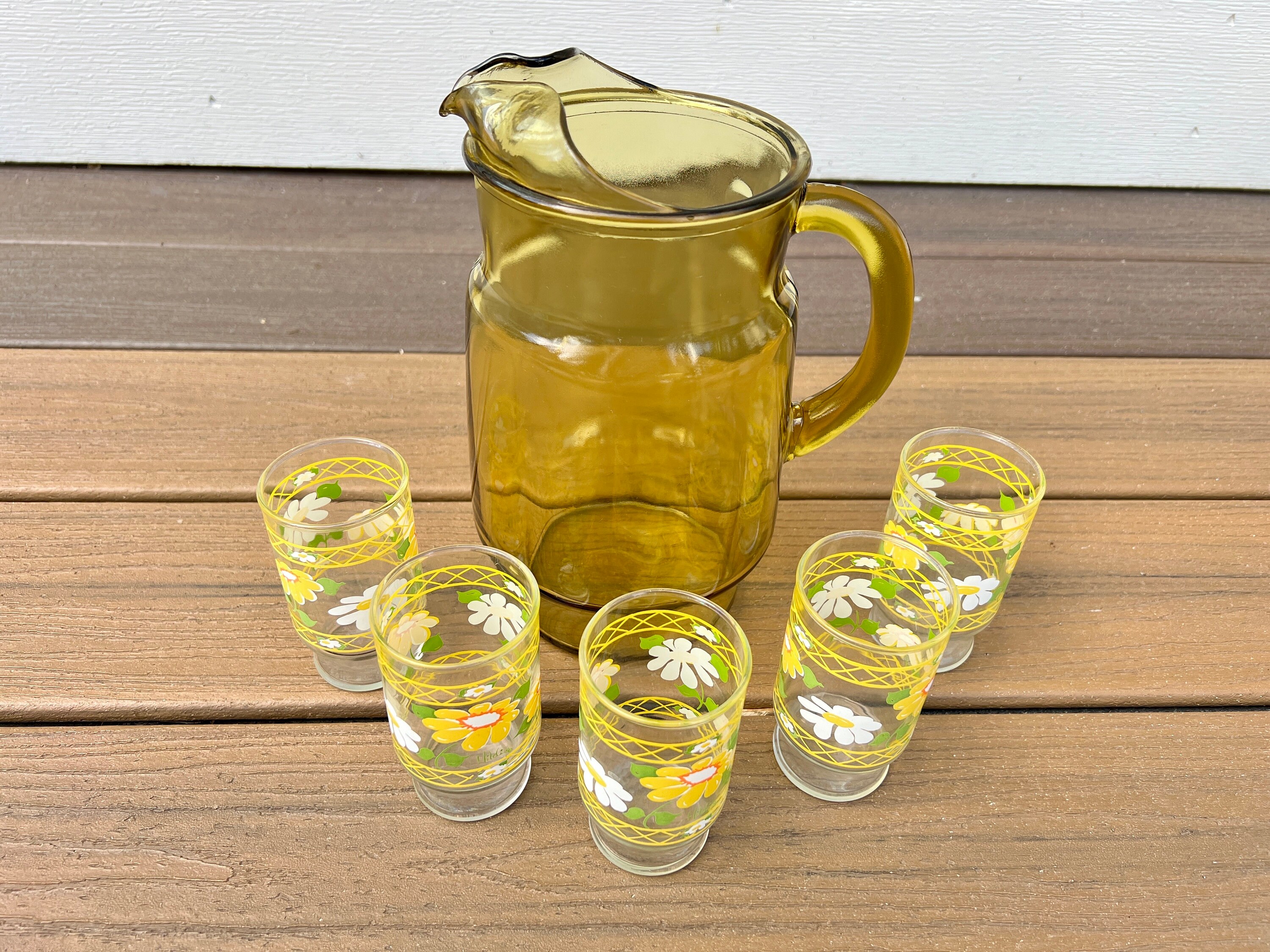 1970s Anchor Hocking Daisy Beverage Set - Yellow Glass Pitcher