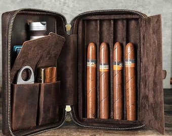 Estuche de viaje para puros de cuero genuino para hombre con encendedor, cortador, humidor de bolsillo, caja de accesorios para puros, set de regalo.