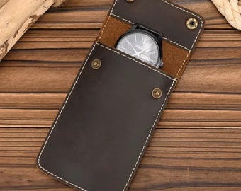 Estuche organizador de relojes de cuero genuino vintage, bolsa de cuero de vaca, estuche portátil para guardar relojes, regalo para hombres y mujeres.