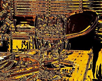 May include: Abstract digital art piece with a predominantly yellow and black color scheme. The image features a complex, textured design with a variety of shapes and patterns, creating a sense of depth and movement. The artwork has a modern, artistic feel.