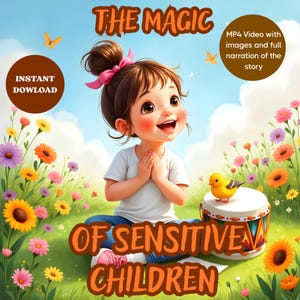 Può includere: Illustrazione di un bambino sorridente seduto in un campo di fiori. Il testo "THE MAGIC OF SENSITIVE CHILDREN" è visualizzato in arancione. Un uccello giallo è seduto su un tamburo. L'immagine include anche il testo "INSTANT DOWNLOAD" e "MP4 Video with images and full narration of the story."