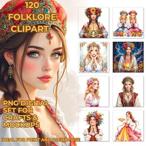 Può includere: Set di clipart digitali con illustrazioni di donne in abiti tradizionali del folklore. Il set include una varietà di immagini, tra cui ritratti e raffigurazioni a figura intera, con corone floreali ed elementi decorativi. Il testo sull'immagine recita "120 FOLKLORE CLIPART" e "PNG DIGITAL SET FOR CRAFTS & MOCKUPS."