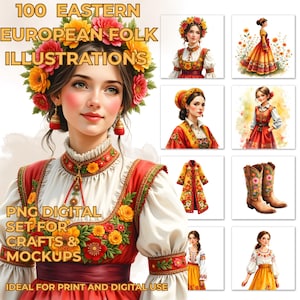 Può includere: Set di arte digitale con 100 illustrazioni di folklore dell'Europa orientale. L'immagine mostra una donna in abito tradizionale, ornata da una corona e orecchini floreali. Altre illustrazioni includono ritratti, abiti e stivali, tutti con colori vivaci e motivi floreali. Il testo recita "PNG Digital Set for Crafts & Mockups."