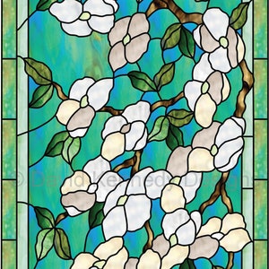 May include: A stained glass window design featuring white flowers with green leaves on a blue and green background.