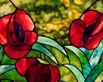 Three Round Poppies Stained Glass Panel.© David Kennedy Designs.