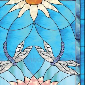 May include: A stained glass window design featuring a pink lotus flower with two dragonflies on either side. The dragonflies have blue and purple bodies and white wings. The background is a light blue with white flowers at the top and bottom.