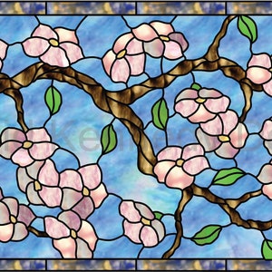 May include: A stained glass window design featuring a branch of a tree with pink blossoms and green leaves against a blue sky background.