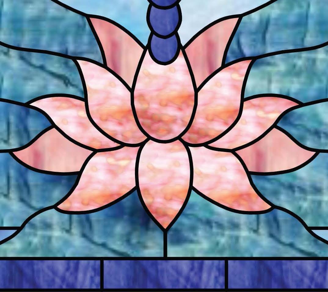 トンボと蓮のステンドグラスのパターン。© David Kennedy Designs