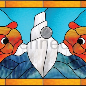 May include: A stained glass window design featuring two orange fish swimming towards a white sailboat in a blue ocean with waves.