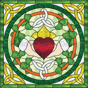 May include: A stained glass window design featuring a red heart held in two hands, surrounded by green shamrocks and a white Celtic knot. The design is framed by a yellow Celtic knot and a green border.
