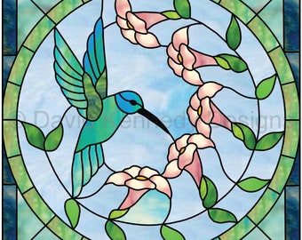 Humming Bird Facing Right Stained Glass Pattern.© David Kennedy Designs.