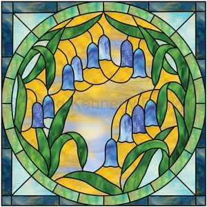 Pode incluir: Um design de vitral com flores azuis em forma de sino com folhas verdes sobre um fundo amarelo.