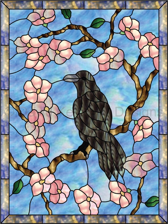 Raven With Cherry Blossoms Stained Glass Pattern. © David Kennedy